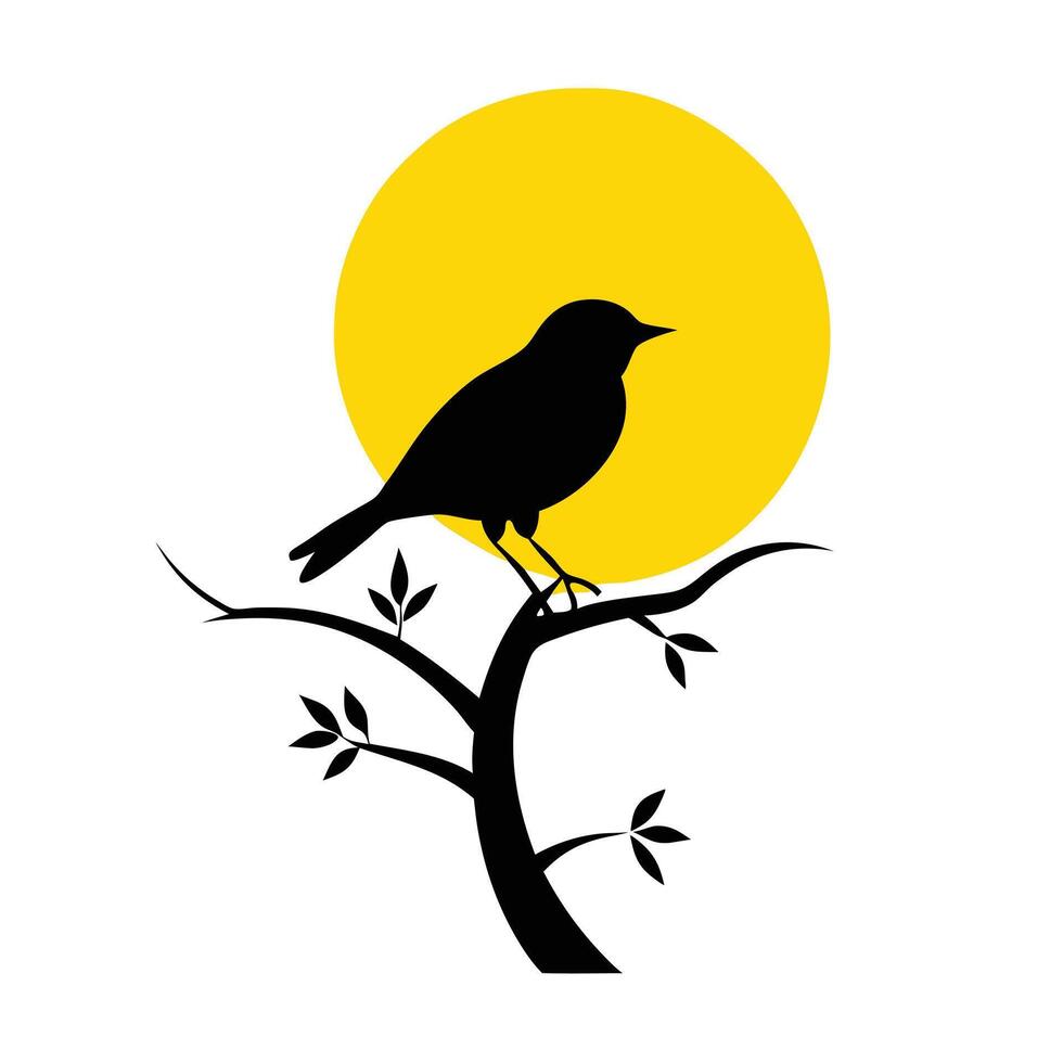 Bird silhouette on tree branch with sun in background vector