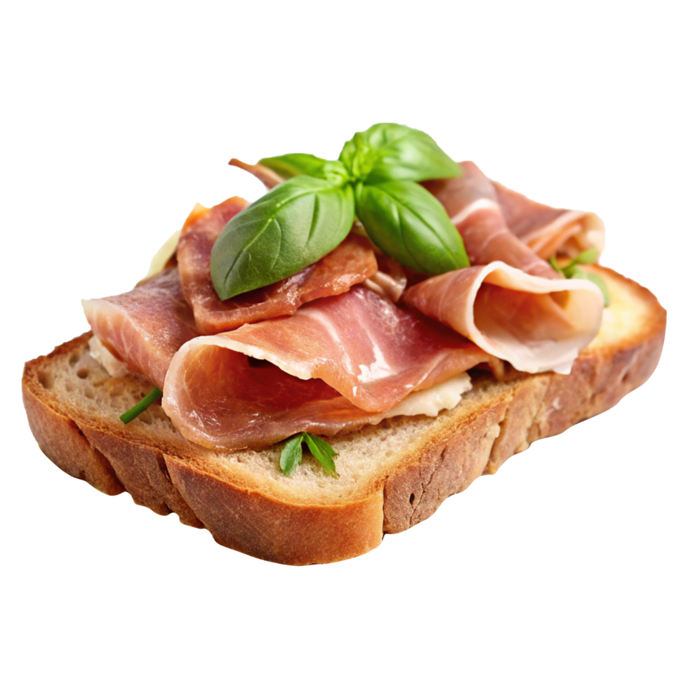 A piece of bread with meat and basil png