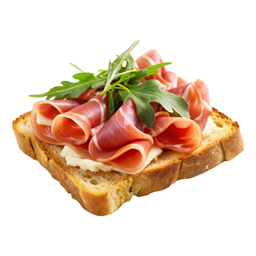 A piece of bread with meat and greens png
