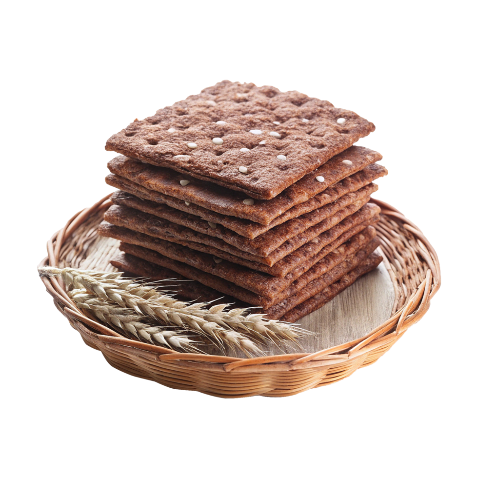 A basket with a stack of crackers and wheat png