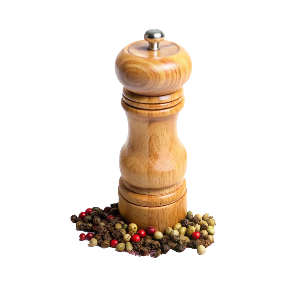 A pepper mill with a wooden base and pepper shaker png