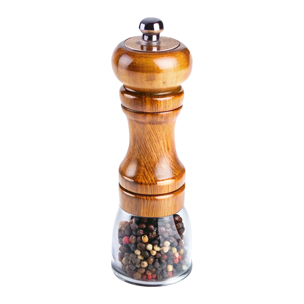 A pepper mill with a wooden handle and glass jar png