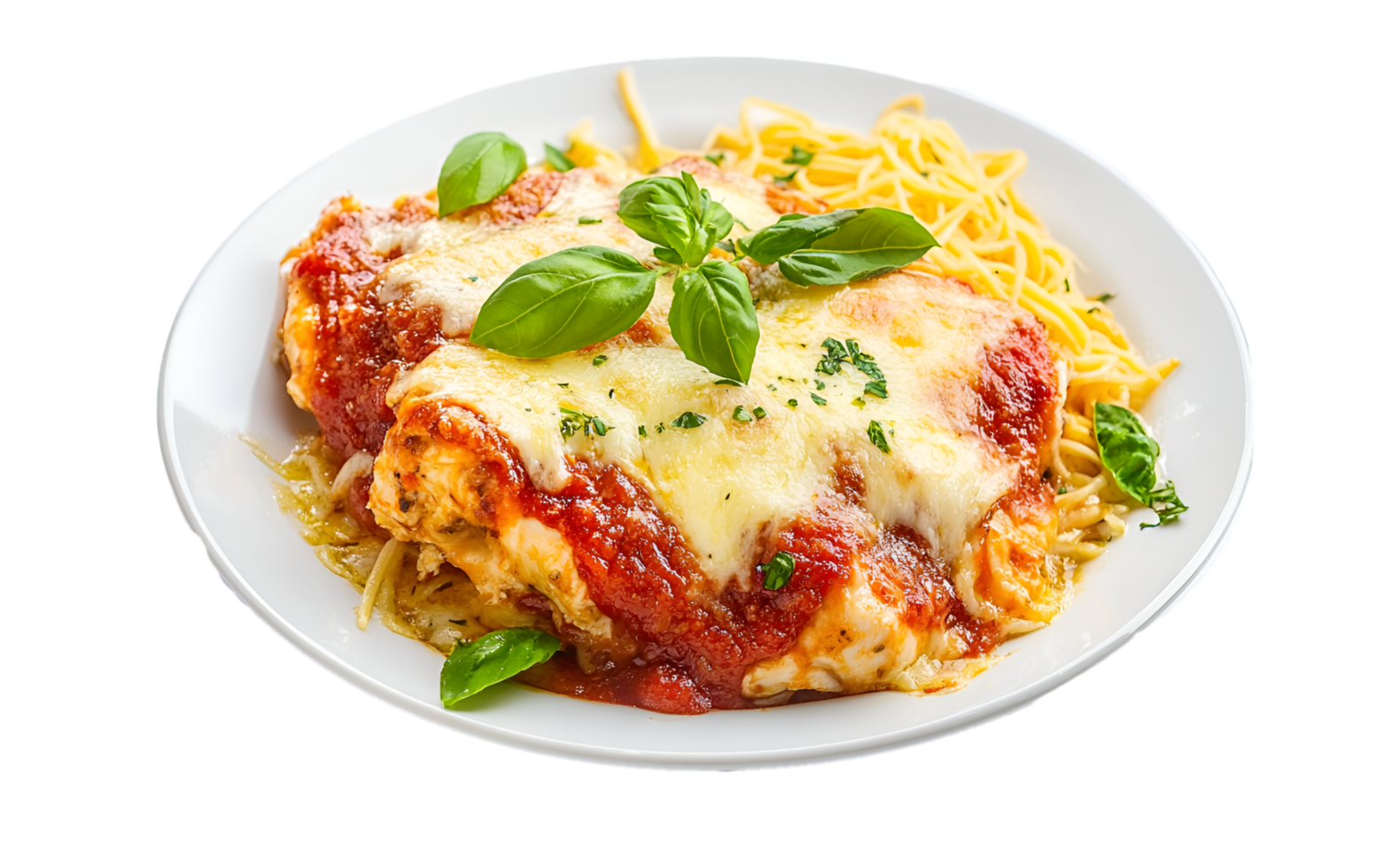 Delicious chicken parmigiana on plate isolated on a transparent background png
