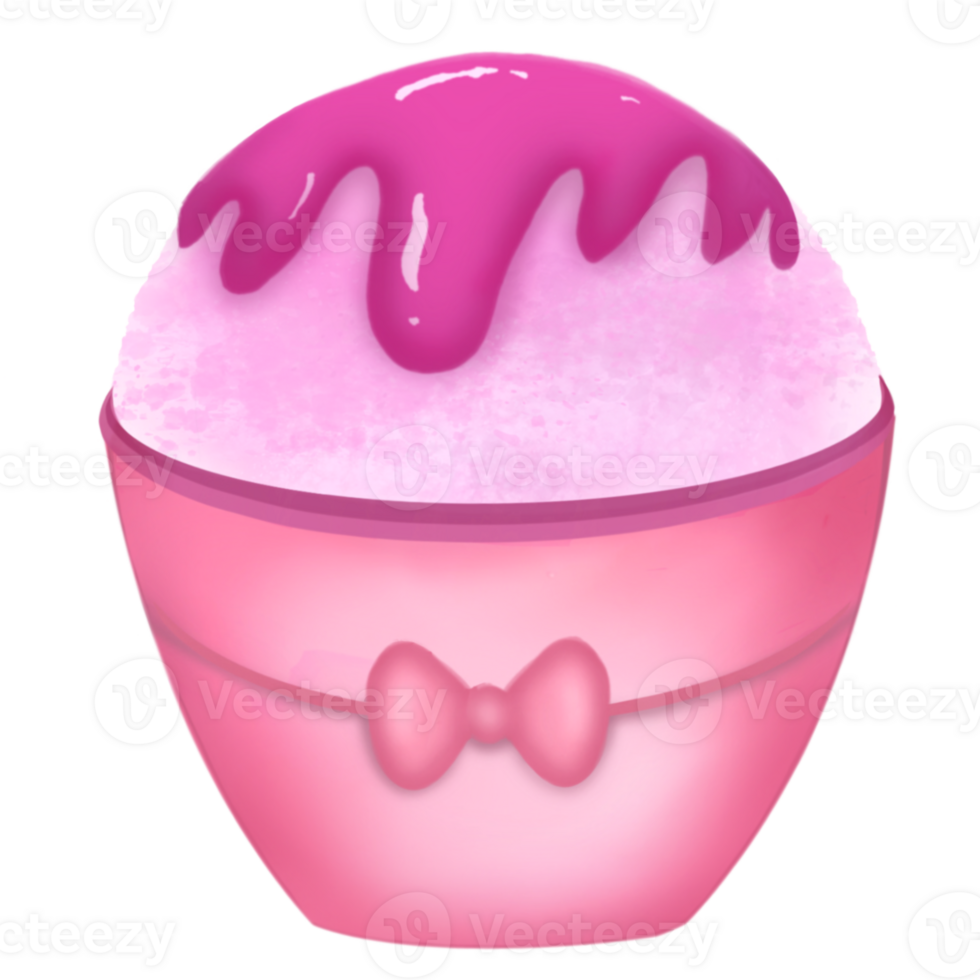 A pink snow cone with syrup in a pink cup with a bow png