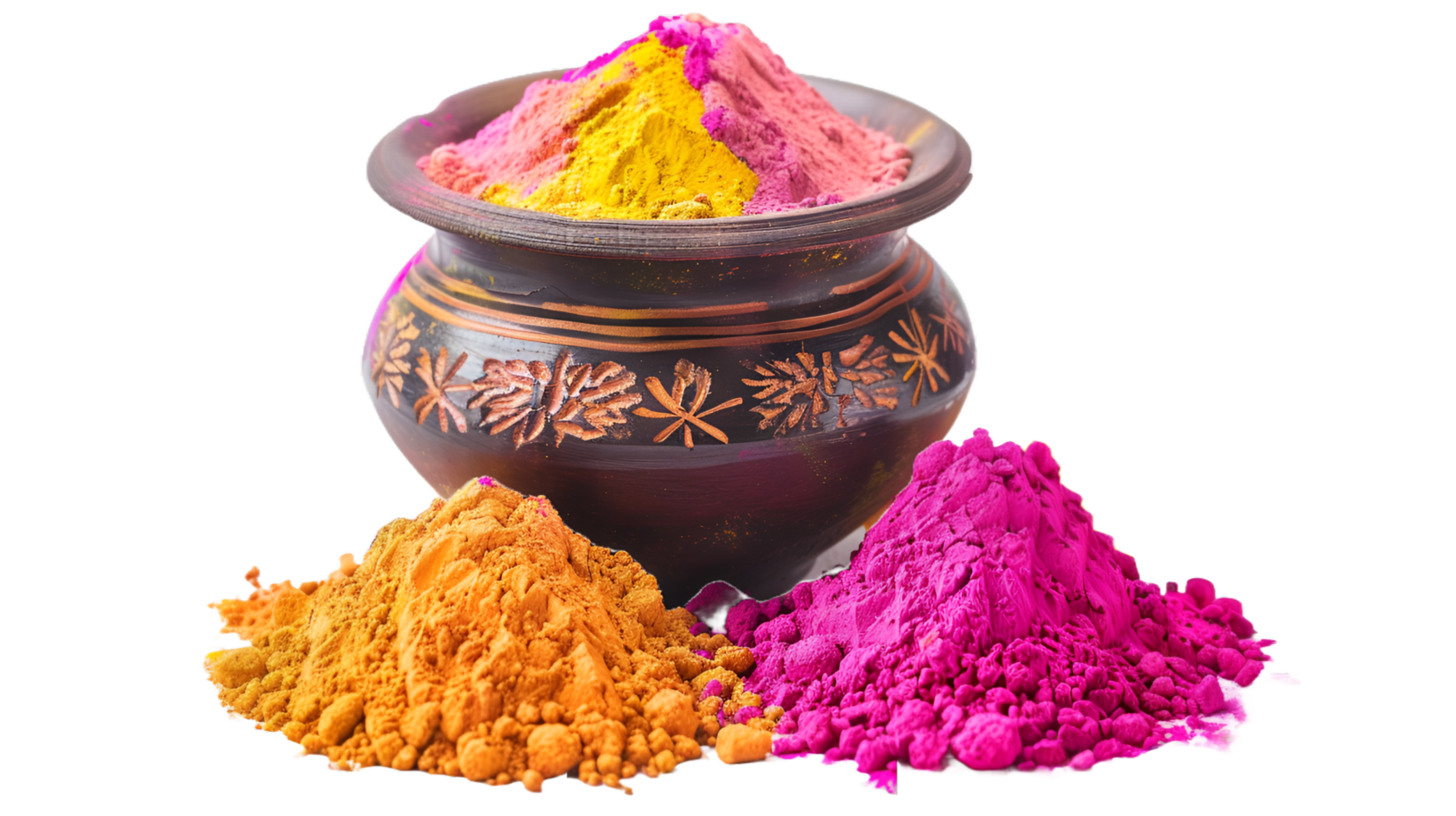 Vibrant Holi Gulal Powders in Clay Pots isolated on a transparent background png