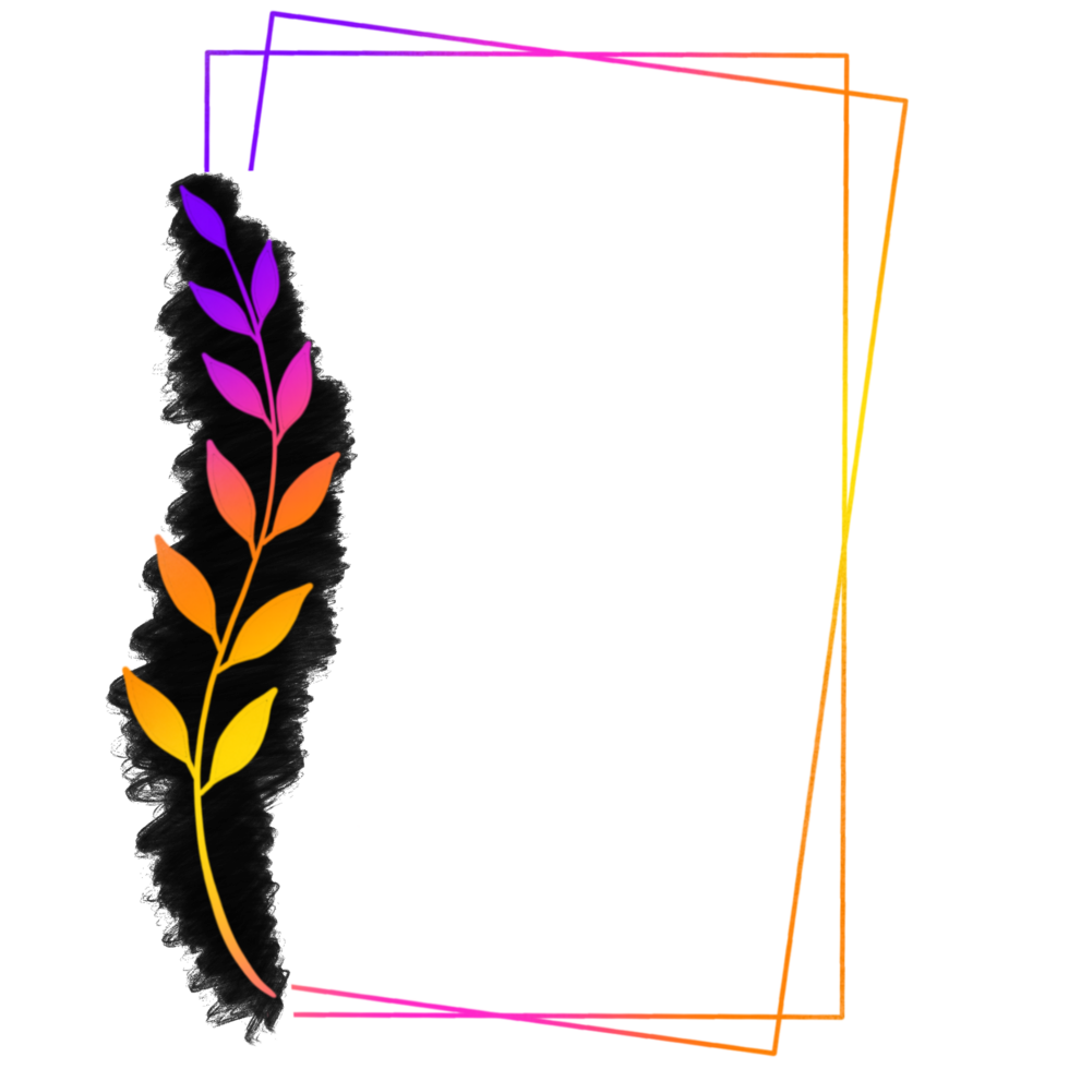 A colorful rectangle frame with a rainbow leaf on a black paint brush stroke png
