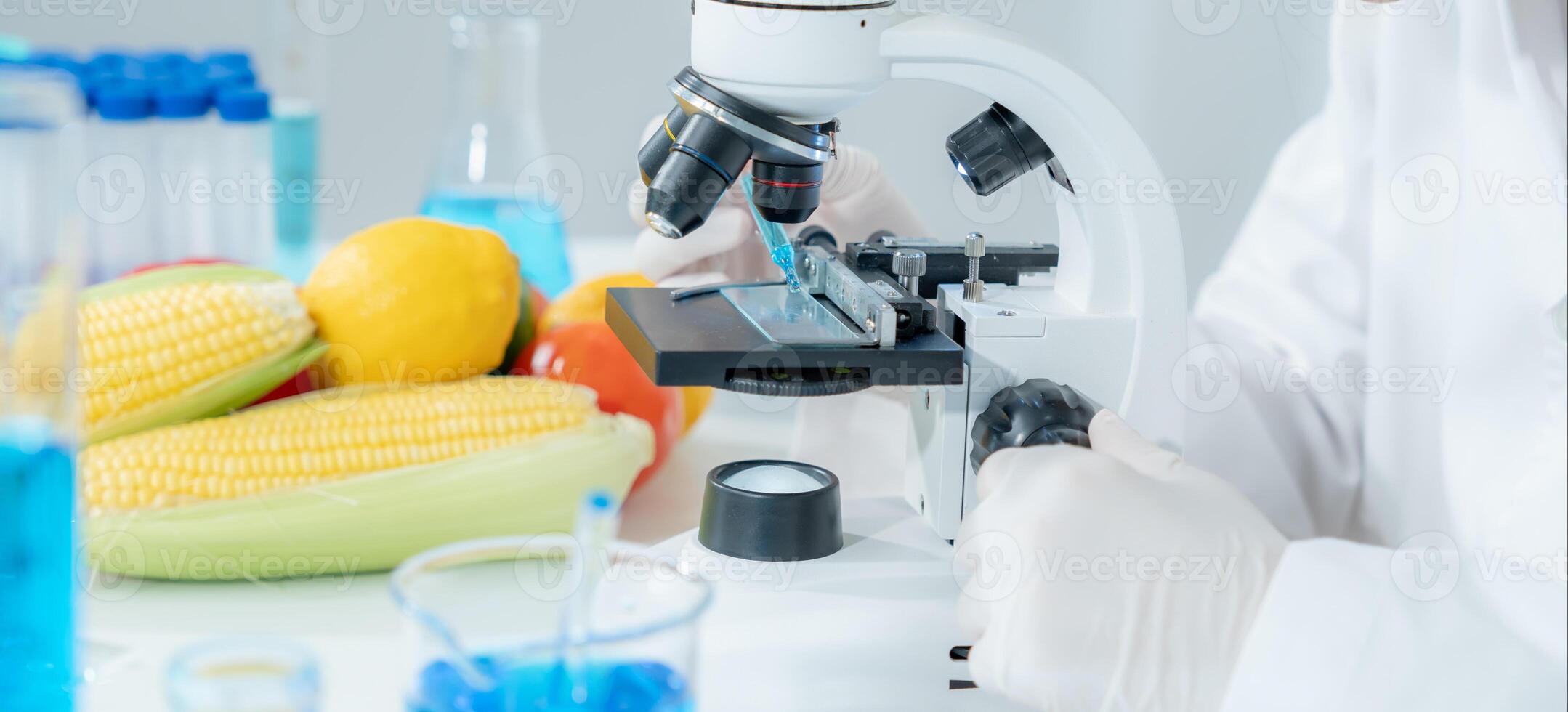 Scientist check chemical food residues in laboratory. Control experts inspect quality of fruits, vegetables. lab, hazards, ROHs, find prohibited substances, contaminate, Microscope, Microbiologist photo