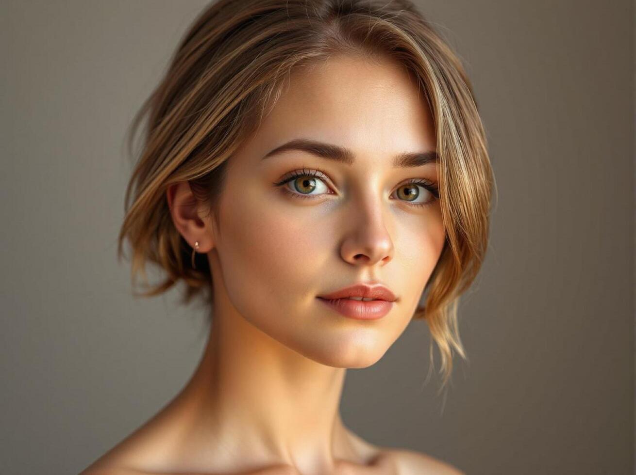 Elegant Female Model with Short Brown Hair, Subtly Smiling and Looking at the Camera, Studio Portrait photo