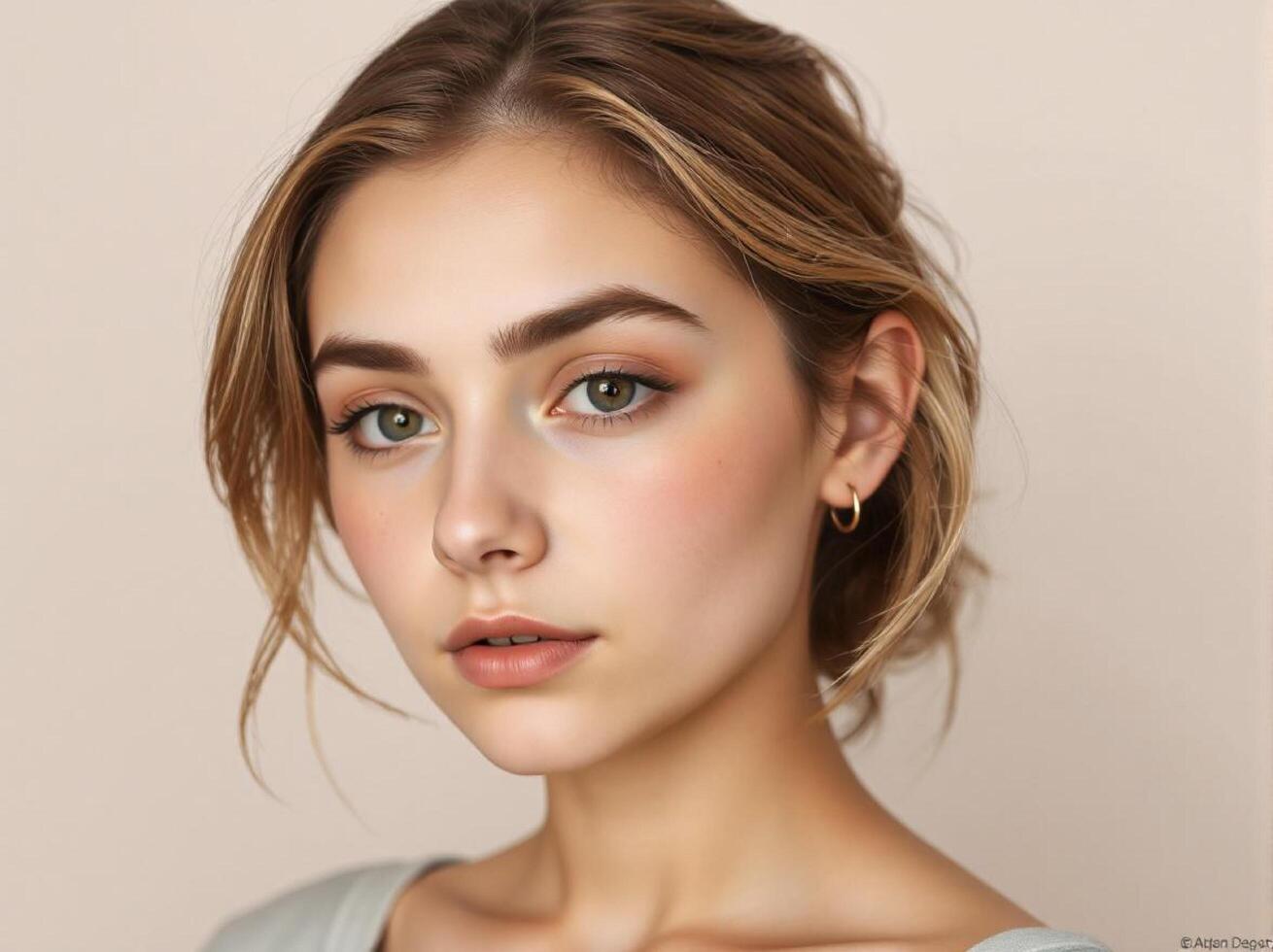 Portrait of a Female Model with Flawless Makeup, Looking at the Camera with Tied Hair, Standing Against a White Wall Background photo