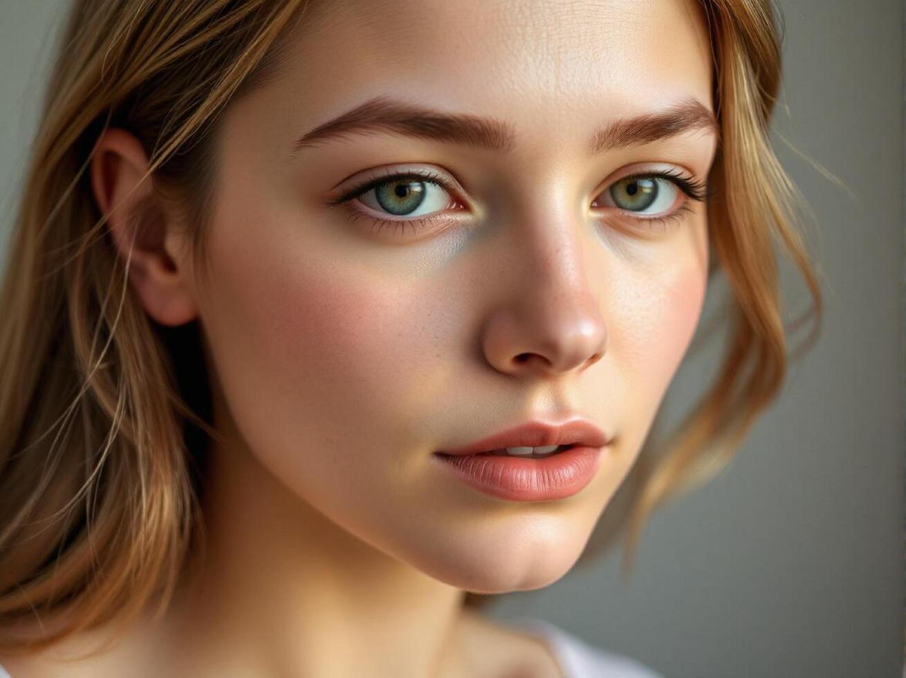 Close-up of a Pretty Woman with Blonde Hair and a Subtle Smile, Gazing at the Camera with Beautiful Eyes Against a Bokeh Background photo