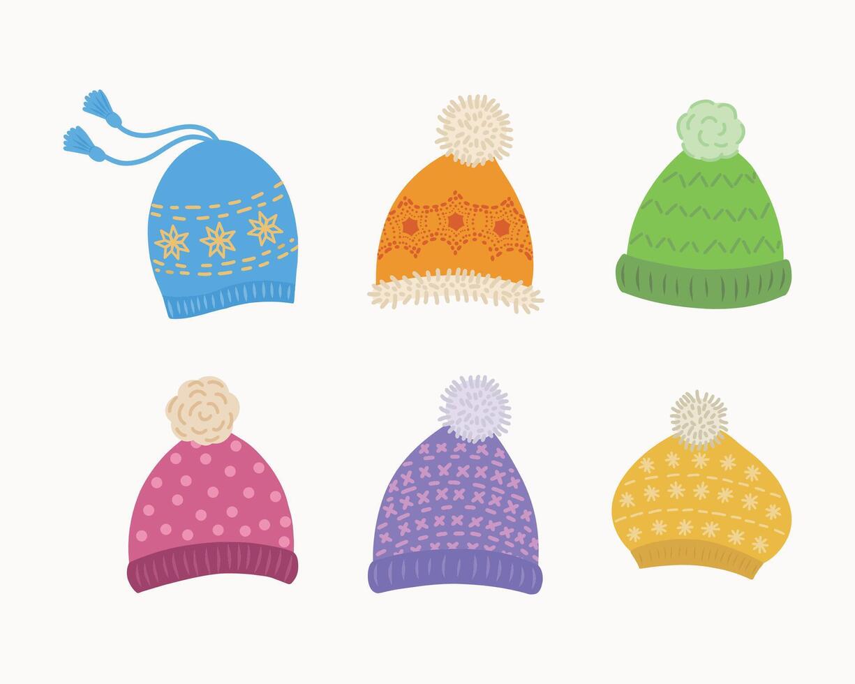 A collection of winter or autumn hats in a flat style. Knitted hats for girls and boys in cold weather on a white background. The icon of the web page design element. illustration. illustration vector
