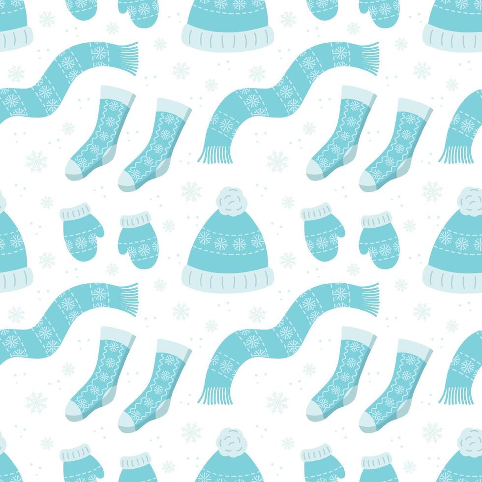 Seamless pattern, knitted blue hats and scarves with snowflake ornament. Christmas background, print, textile, vector