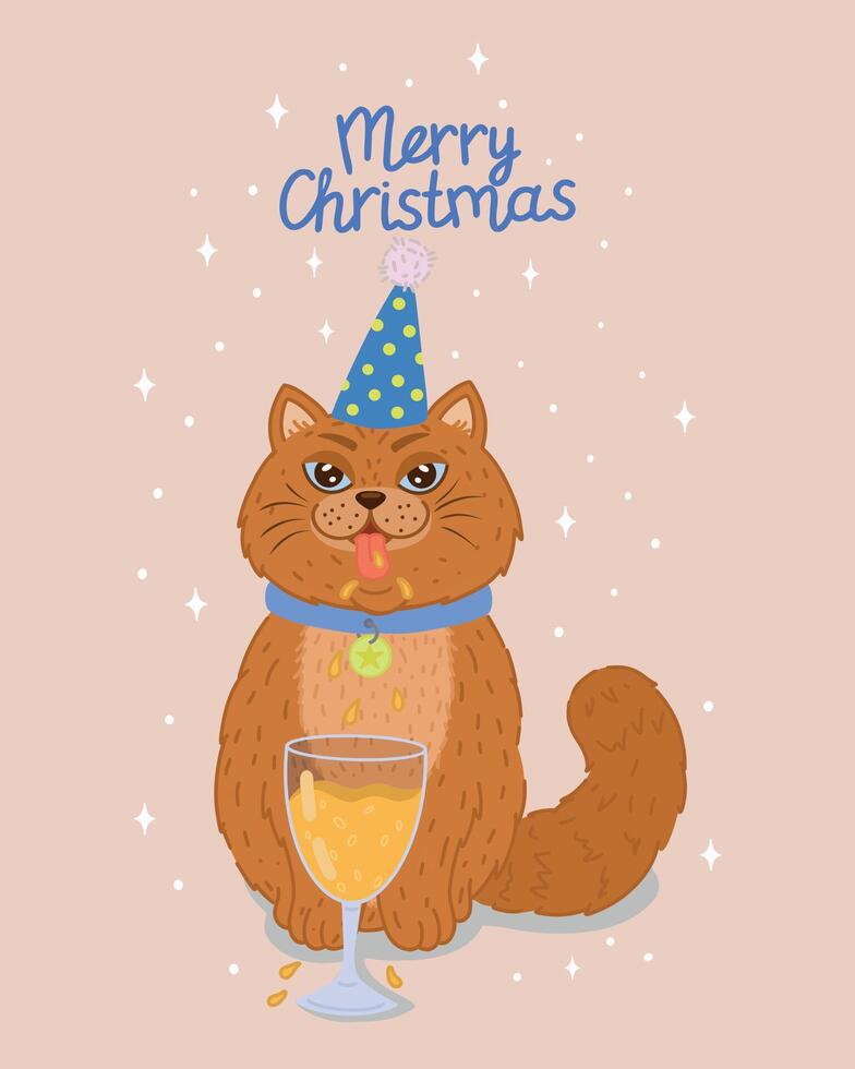 A cartoon orange cat in a festive hat celebrates the New Year, drinks champagne from a glass. A red haired cat with a mustache drinks champagne from a glass. A postcard for the New Year and Christmas. illustration vector