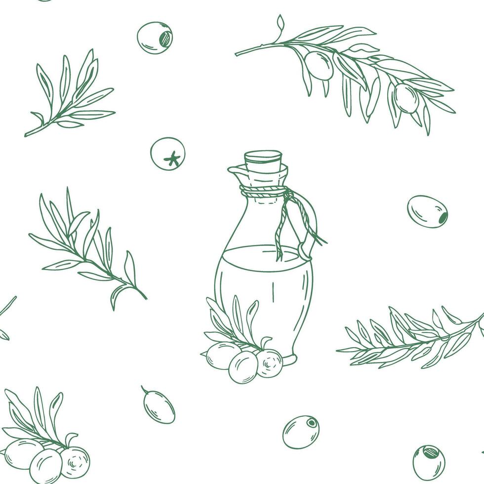Seamless Pattern with green Branches of Olives and Glass Jug with Oil. Ink drawing. Hand drawn Black and white illustration. Can be used for textile, wallpaper prints and packaging. vector