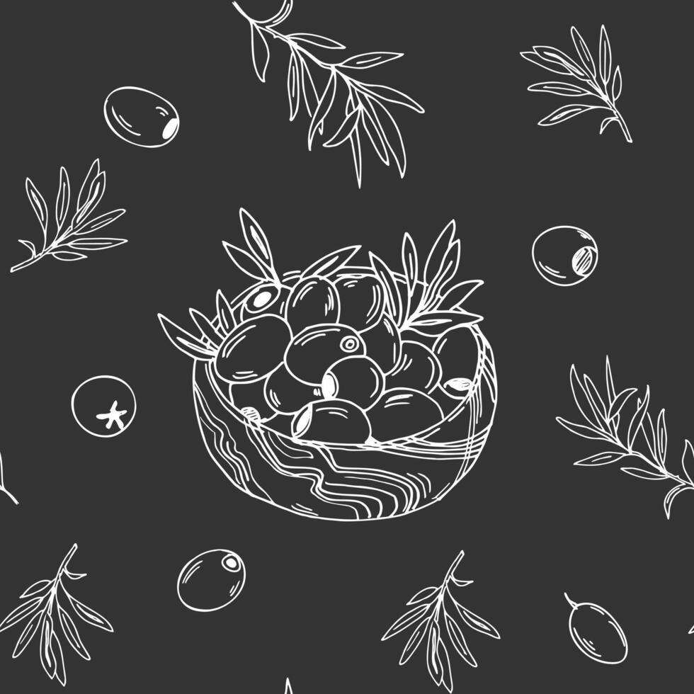 Seamless Pattern with Branches and Olive Fruits in Wooden Bowl on black background. Graphic art. Hand drawn Black and white illustration. Can be used for textile, wallpaper prints and packaging vector