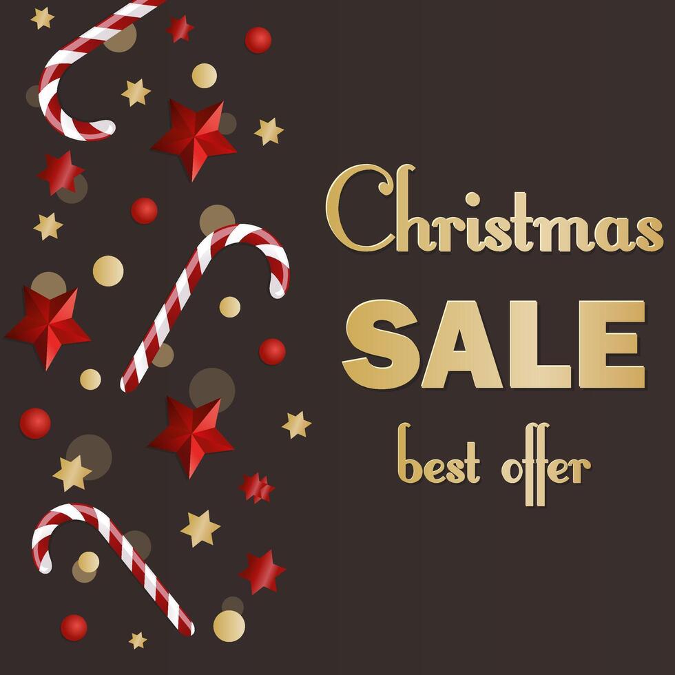 Christmas sale banner with candy, stars and confetti. vector