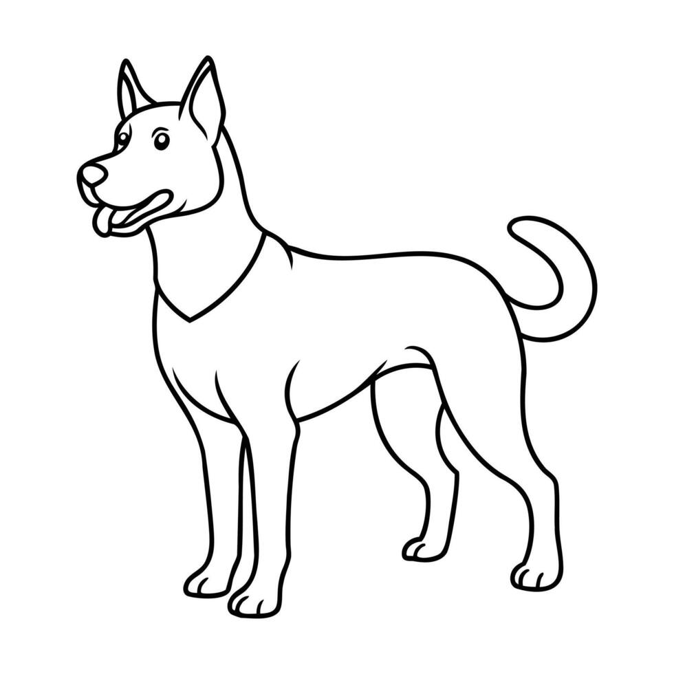 Simple black and white line art of a standing dog with pointed ears, a wagging tail, and a friendly expression vector