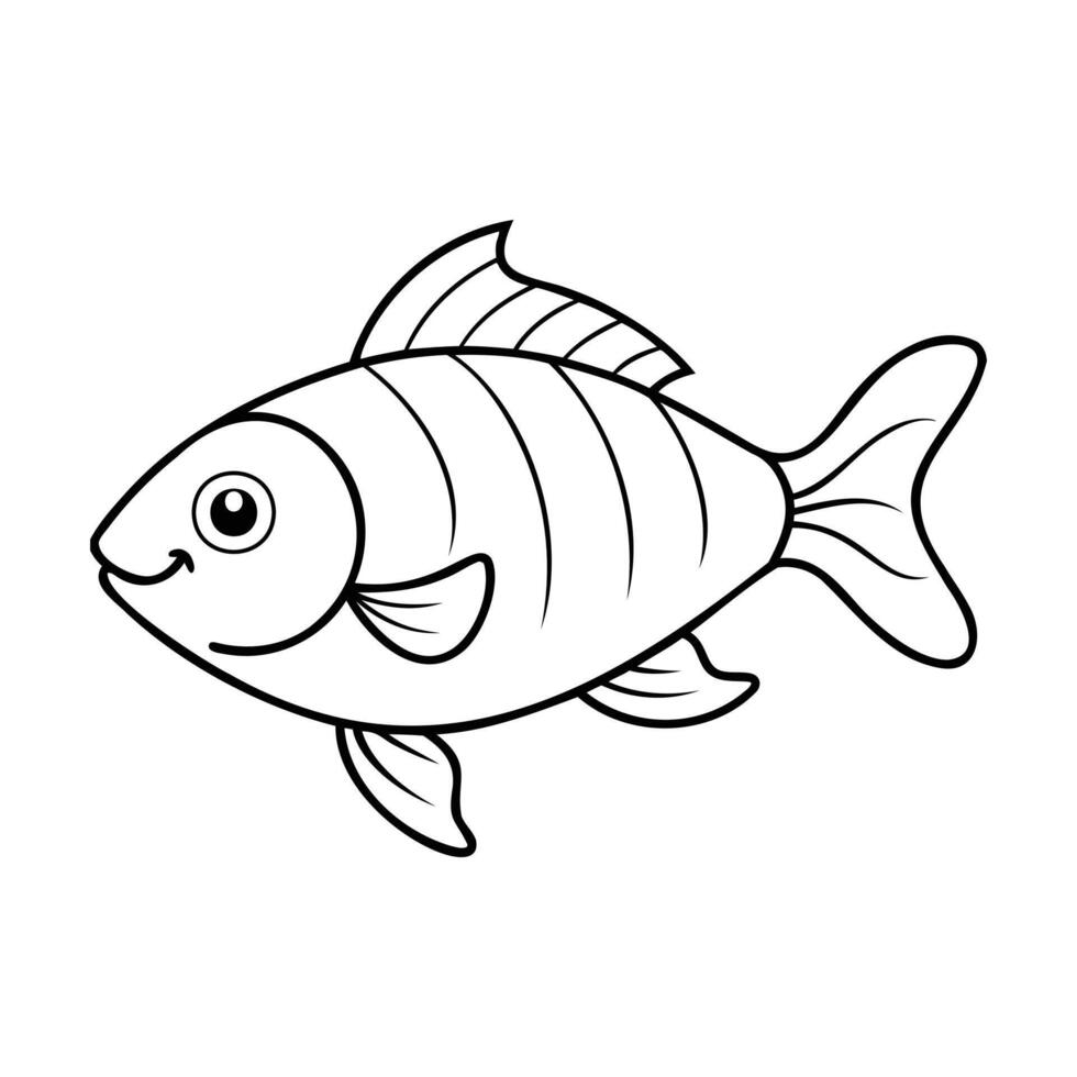 Cute fish illustration in black and white, designed as a simple cartoon style line drawing vector