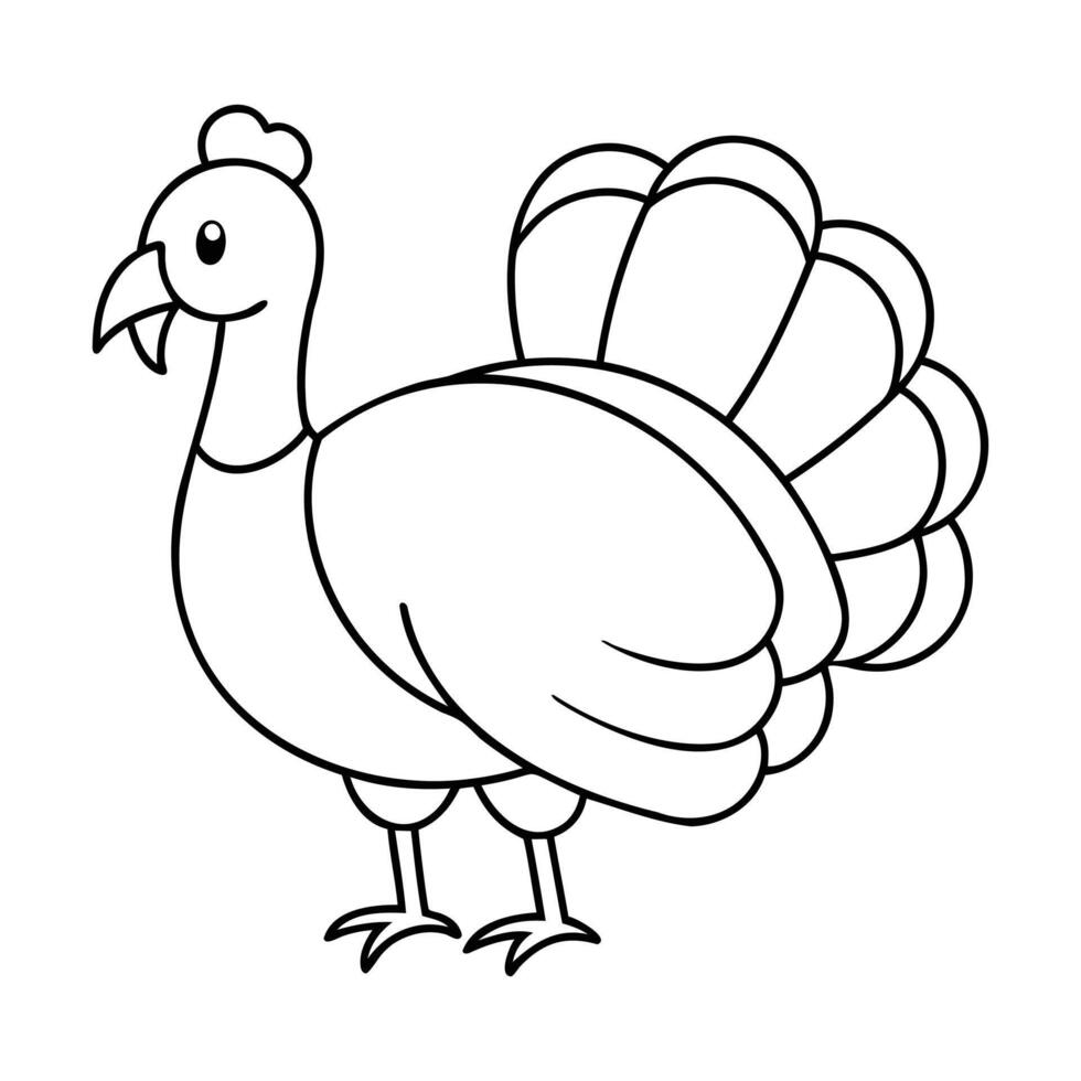 Simple black and white outline illustration of a turkey with a prominent tail vector