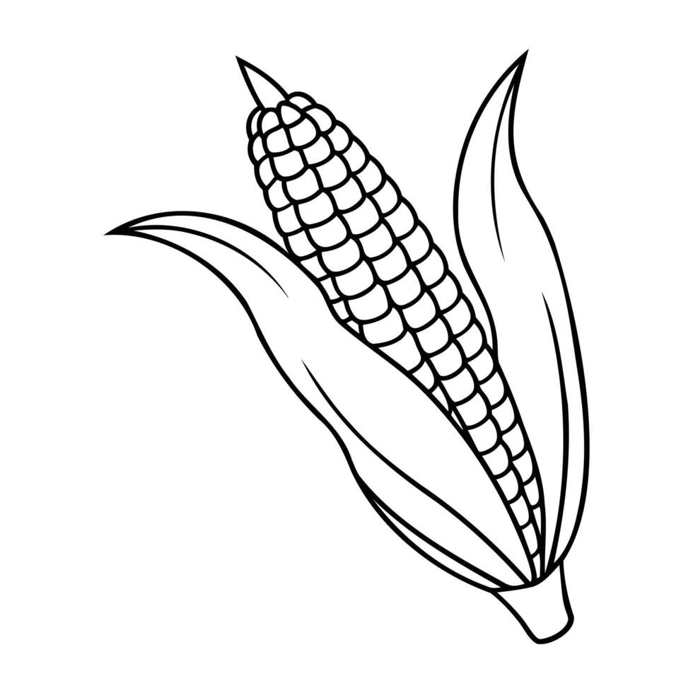 Black and white outline of a corn ear with husk, showcasing detailed kernels and leaves vector