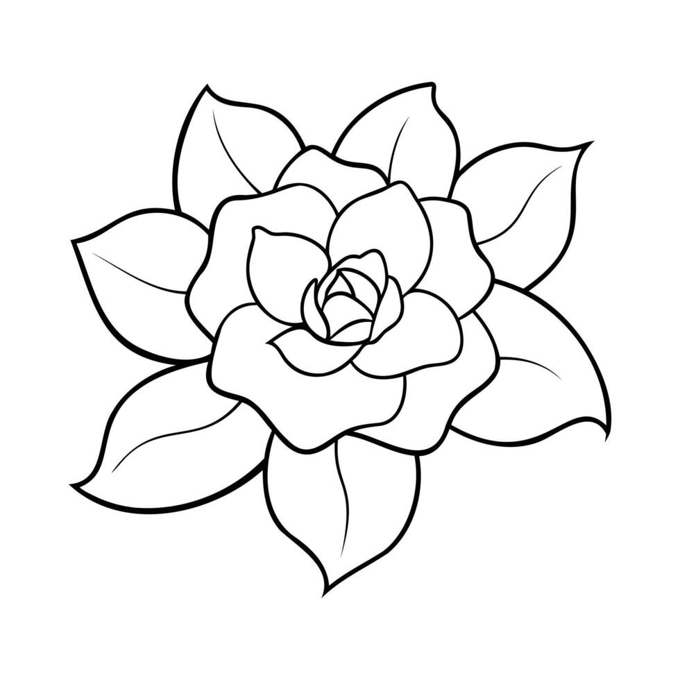Black and white outline of a Gardenia with detailed petals and leaves vector