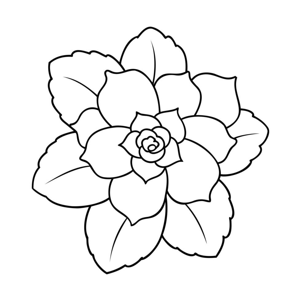 Black and white outline of a begonia flower with detailed petals and leaves vector
