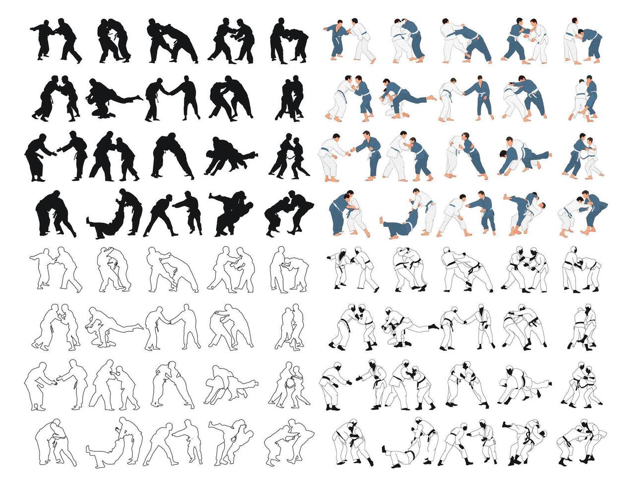 Sports collection of silhouettes of professional judokas in training, fight, duel. Judo athletes black and colored. Fighters. Martial arts vector