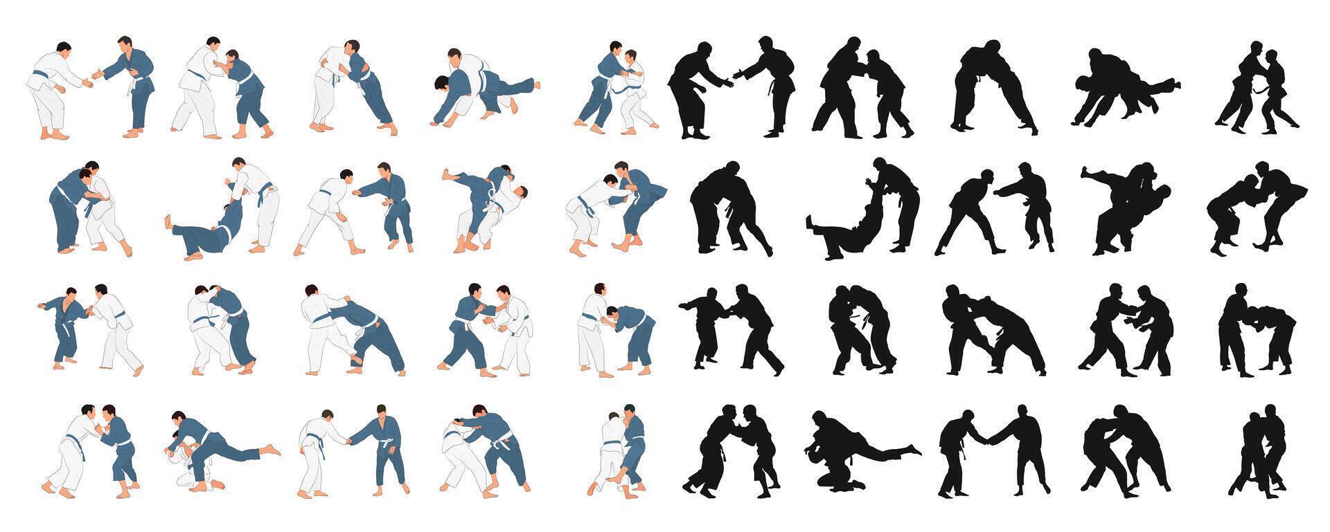 Professional judokas silhouettes in training. Judo athletes black vector