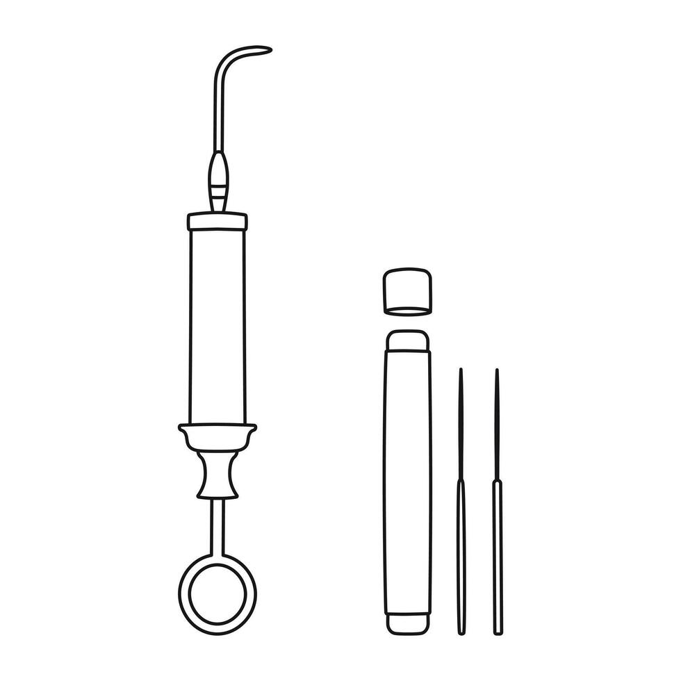 Dental syringe for rinsing oral cavity, injection, root needle, sketch of the silhouette of dentist tools vector