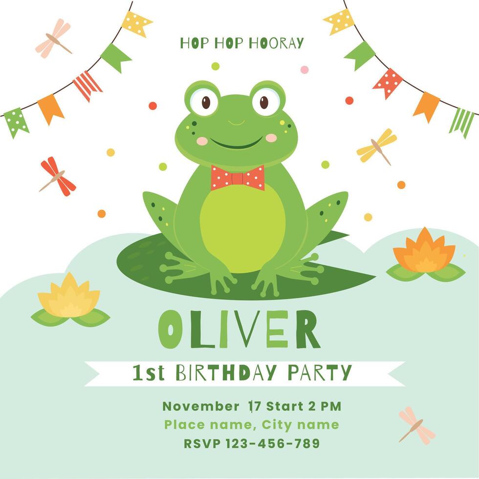 Happy birthday invitation card with cute frog. Invitation card template. vector