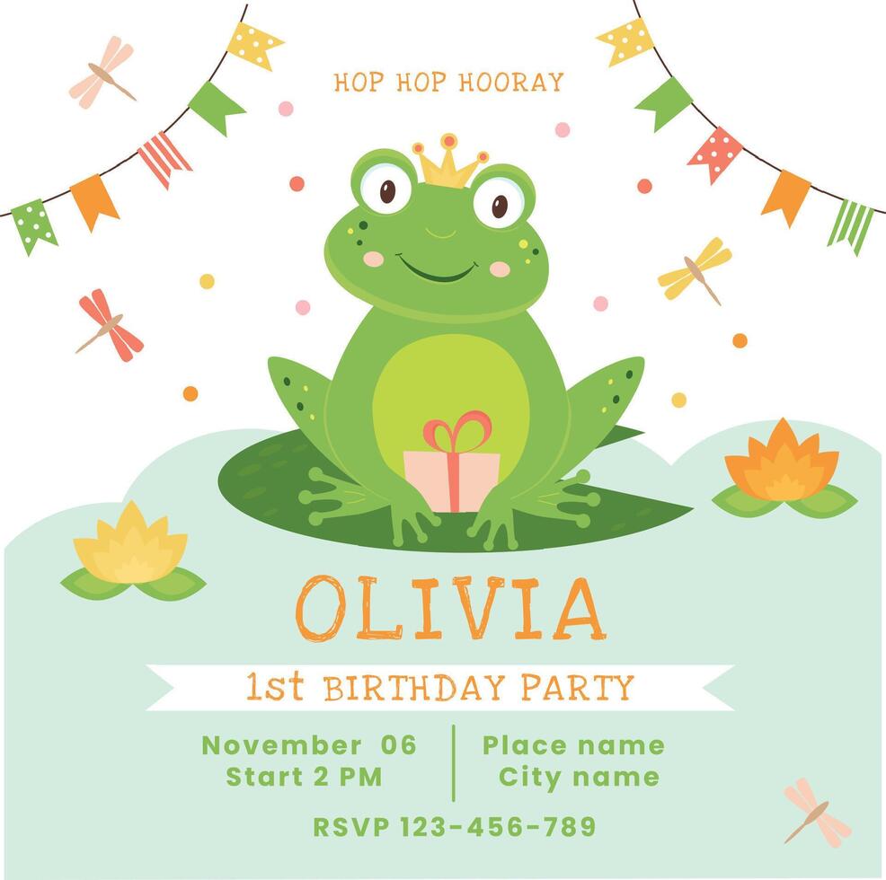 Invitation card for birthday party with cute frog princess. Birthday card for girl with cute character. Invitation card template. vector