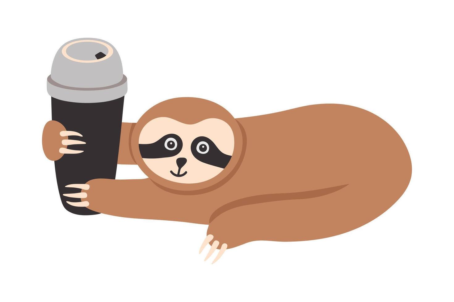 Adorable sloth with coffee tumbler cartoon. Hand drawn tropical bear with take away coffee vector