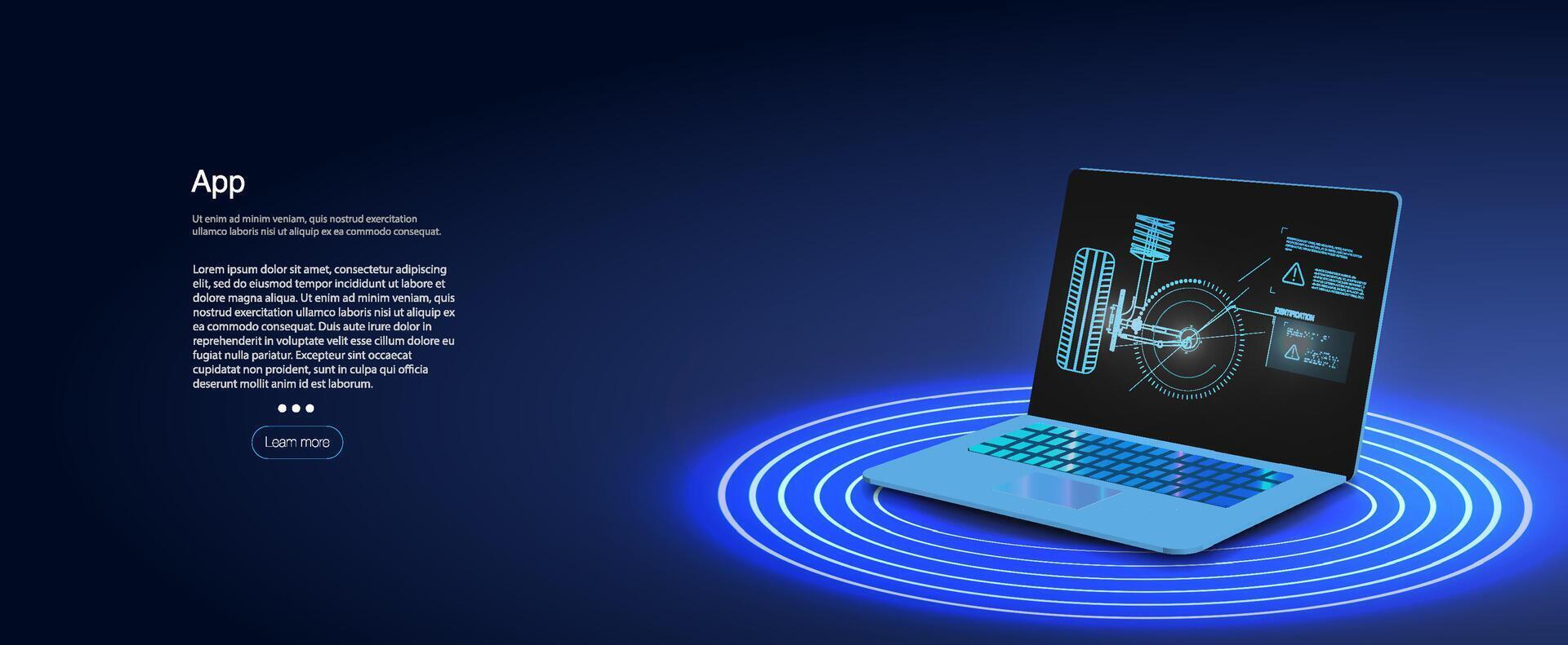 Modern laptop displaying interactive app design surrounded by digital elements and glowing circles. vector