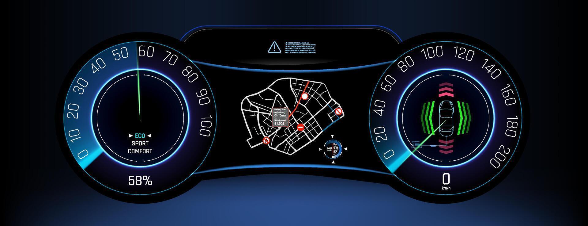 Modern digital dashboard display showcasing vehicle navigation and speed metrics in a sleek design. vector