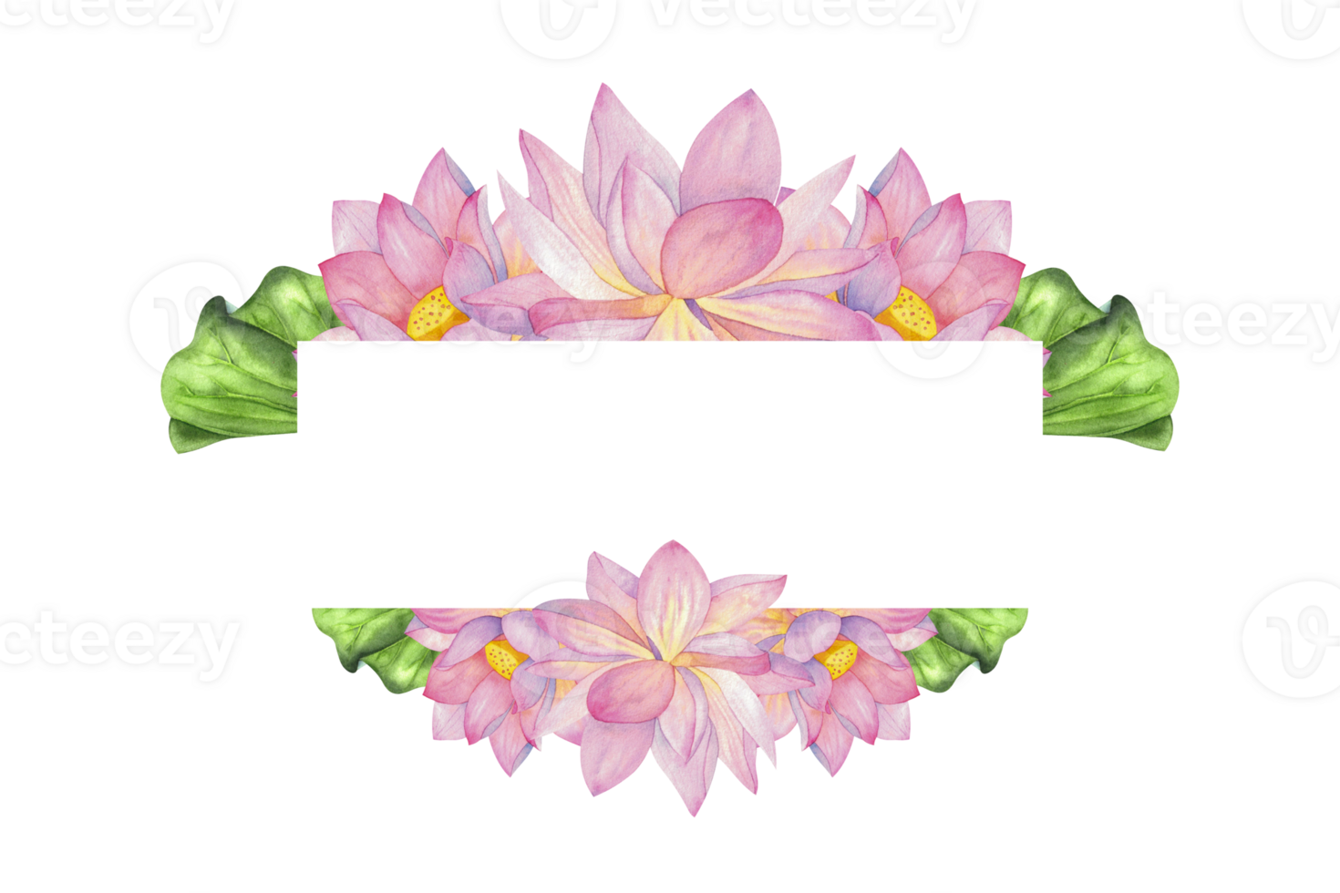 Pink lotuses, buds, flowers and leaves. Rectangular frame, isolated on background. Watercolor illustration. Blank For design, decor and printing, typography and postcards png