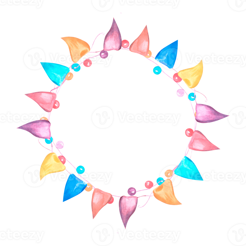 Festive flags and garlands. Round frame, wreath. Isolated on background. Watercolor illustration. Blank. For design, decor and printing, souvenirs and postcards png