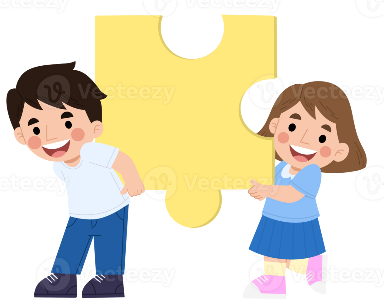 Illustration of children working together to carry puzzle pieces png