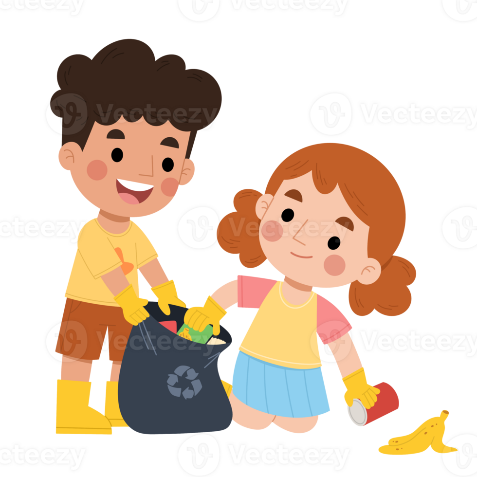 Illustration of kids picking up trash png