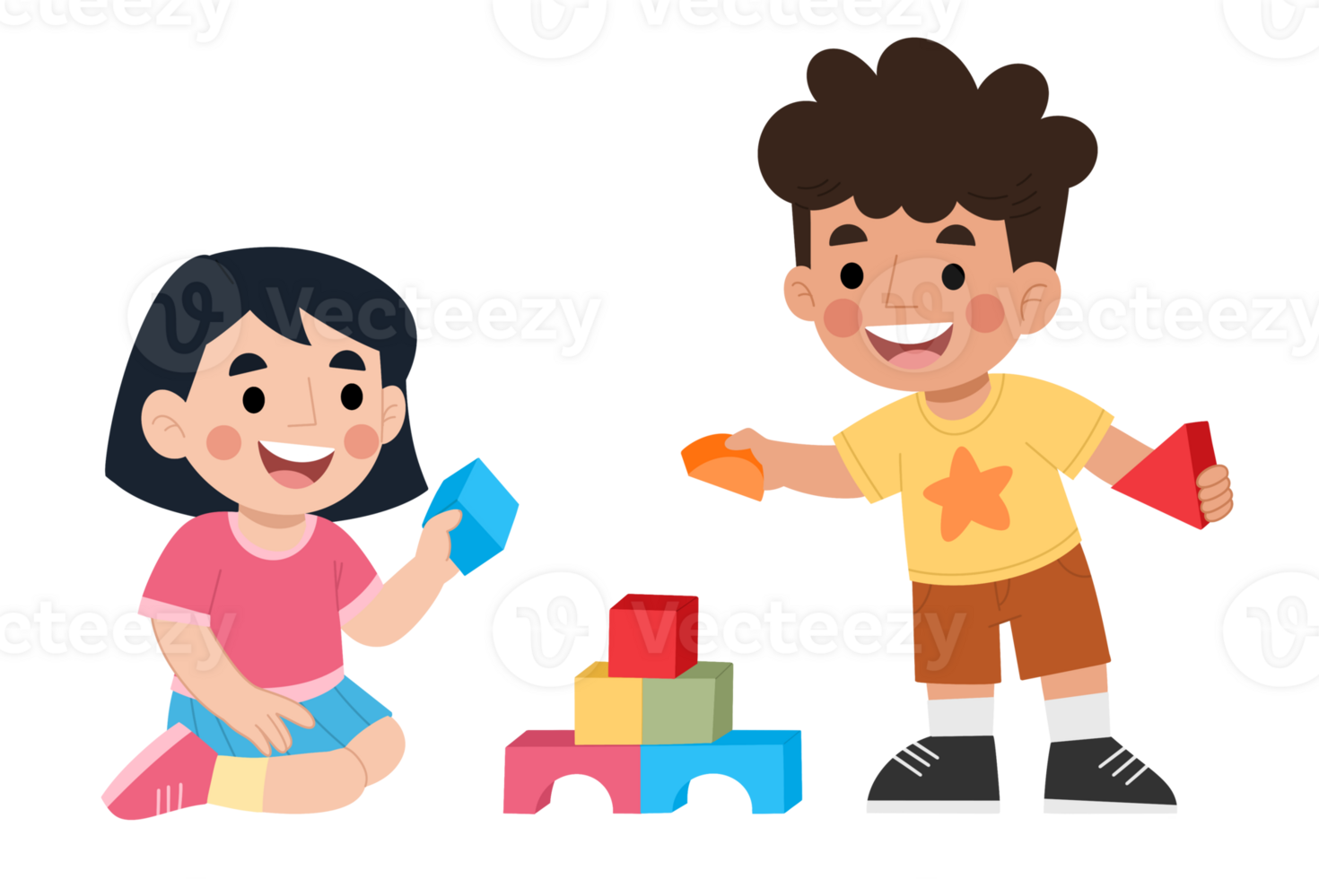 Illustration of happy kids playing with building blocks png