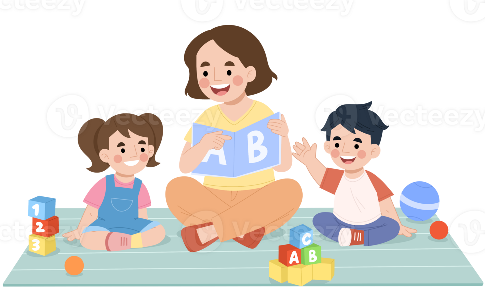 Illustration of cheerful children learning to read with the teacher png