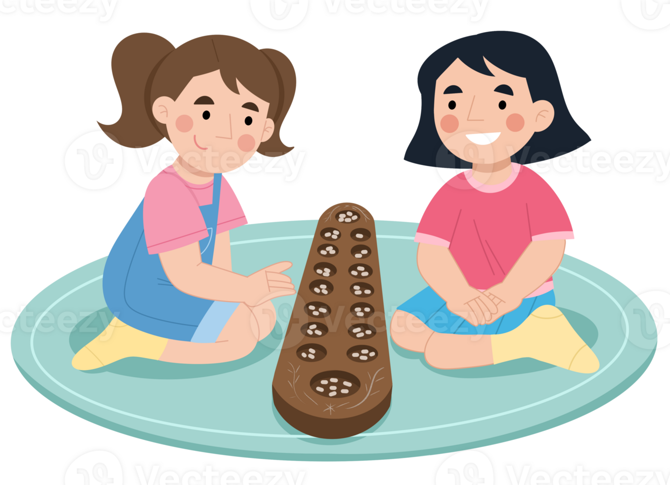 Illustration of two girls playing the traditional Indonesian toy game congklak png