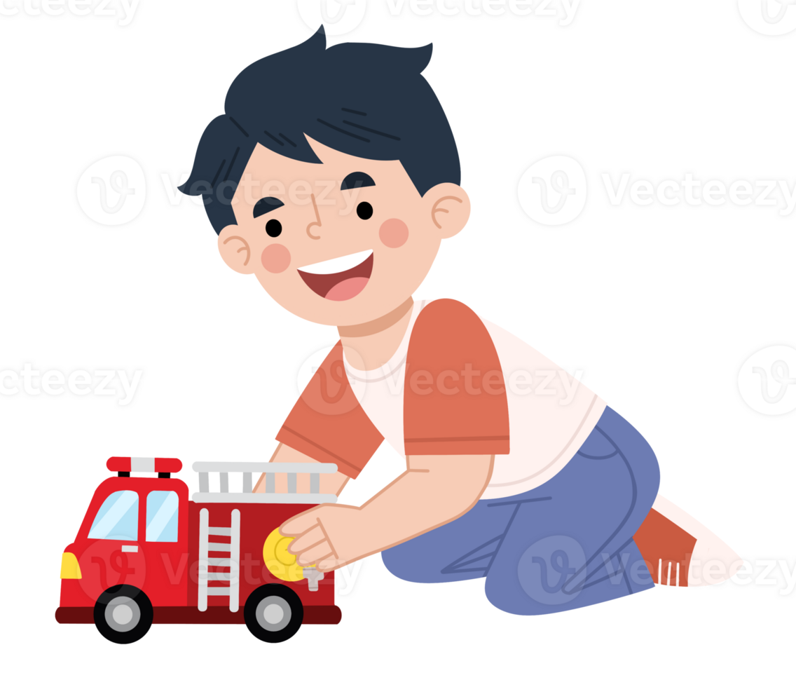 Illustration of happy boy playing toy car png