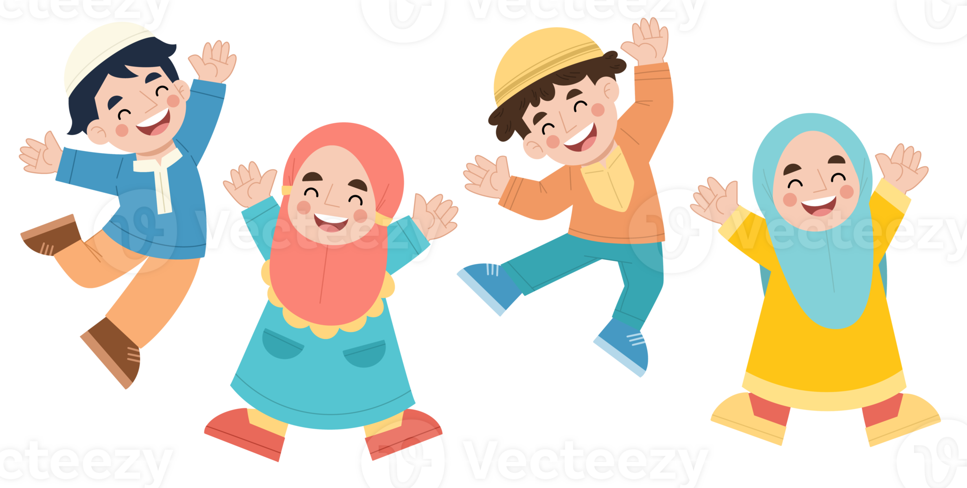 Illustration of happy Muslim children jumping high png