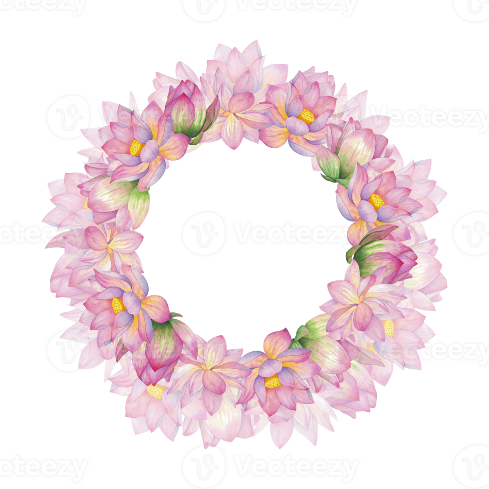 Pink lotuses, buds and flowers. Round frame, wreath, Isolated on background. Watercolor illustration. Blank For design, decor and printing, typography and postcards png