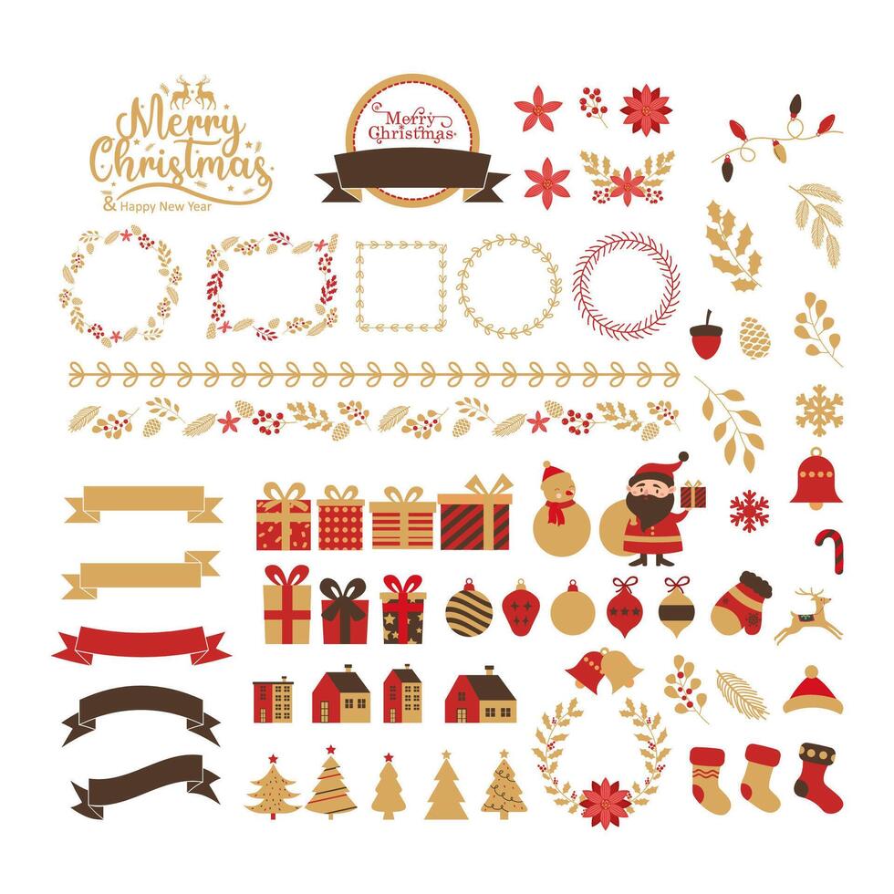 Collection of flat Merry Christmas and happy new year element with gold color concept. drawing of holly plant, christmas tree, glove, sock, gift, christmas bauble ball vector