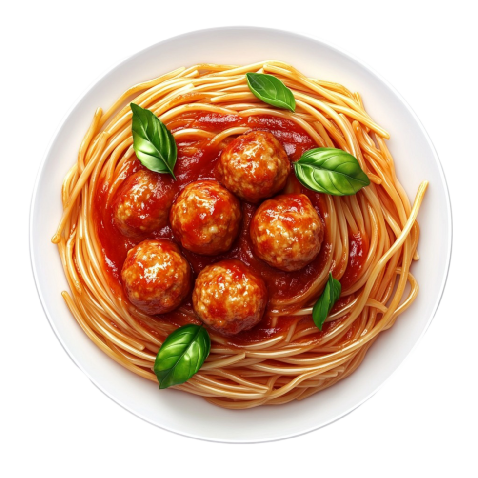 Spaghetti With Meatballs And Tomato Sauce On White Plate With Basil Leaves png