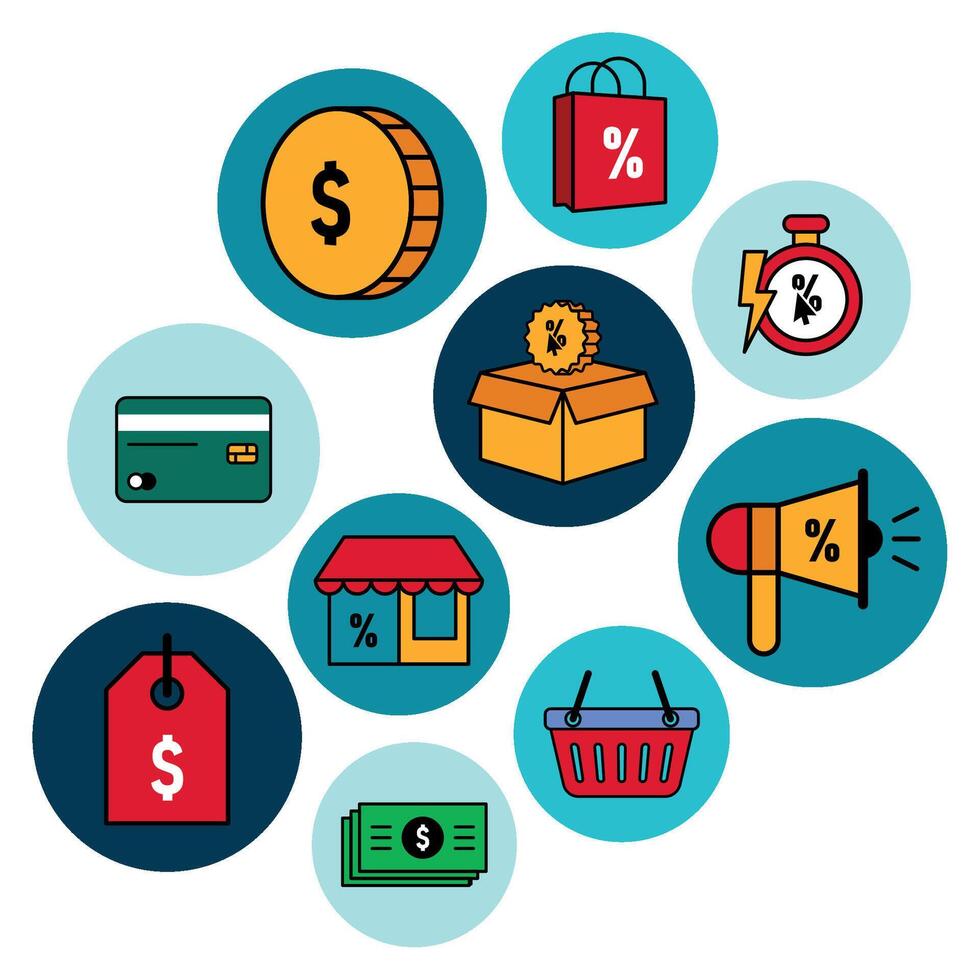 Circular shopping and finance icon collection, vector