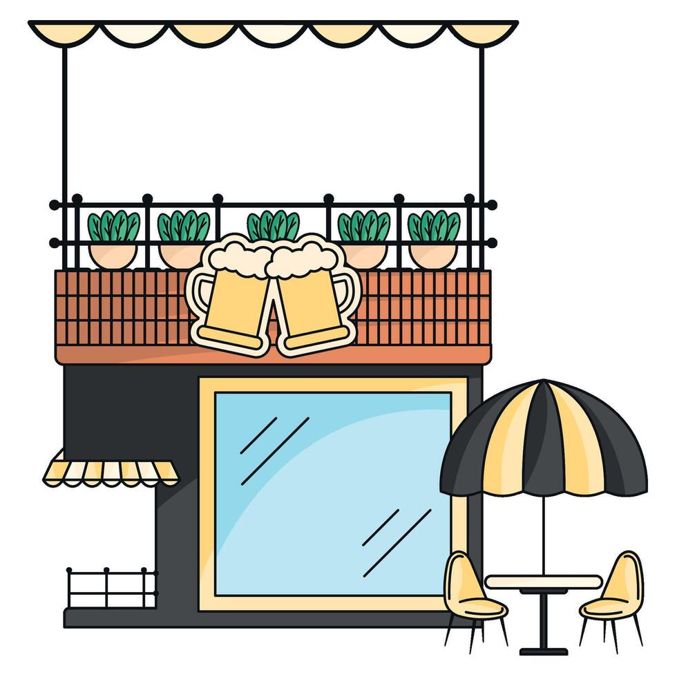Cozy bar with rooftop seating and plants, vector