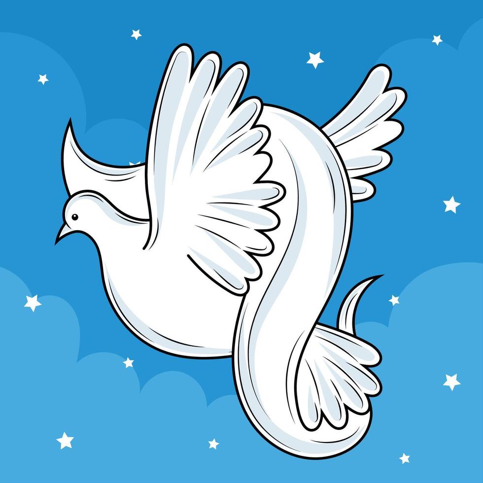 White dove with extended wings in blue sky, vector