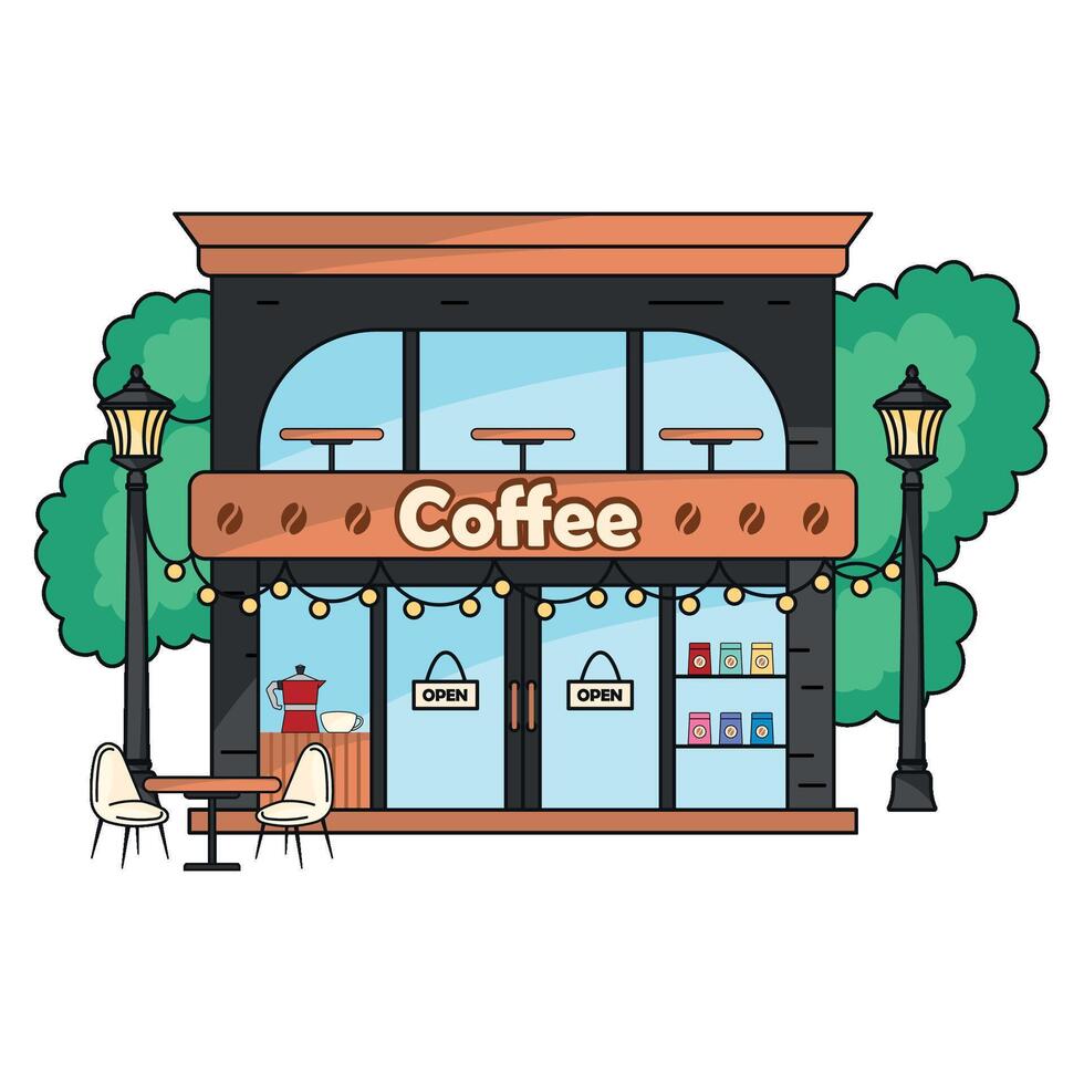 Cozy coffee shop with outdoor seating, vector